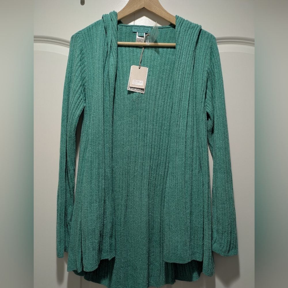 NWT Barefoot Dreams Namaste Rib Hooded Cardigan Turquoise CozyChic Ultra Lite S